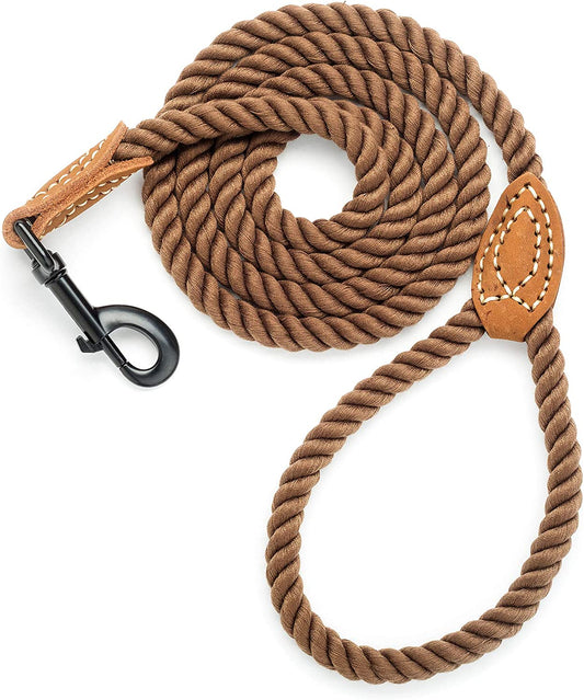 Durable Braided Cotton Dog Leash with Leather Tip - Heavy Duty 4FT Leash for Small to Large Dogs (Dark Brown) - Perfect for Wedding, Walking & Training