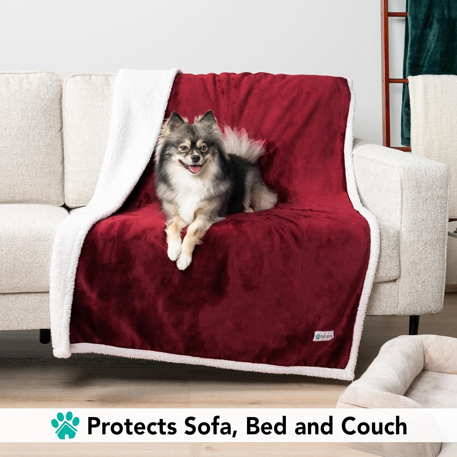 Cozy Reversible Dog Blanket for Small & Medium Pets - Soft Sherpa Fleece, Washable Couch Cover & Car Protector, 29x40 Maroon Red