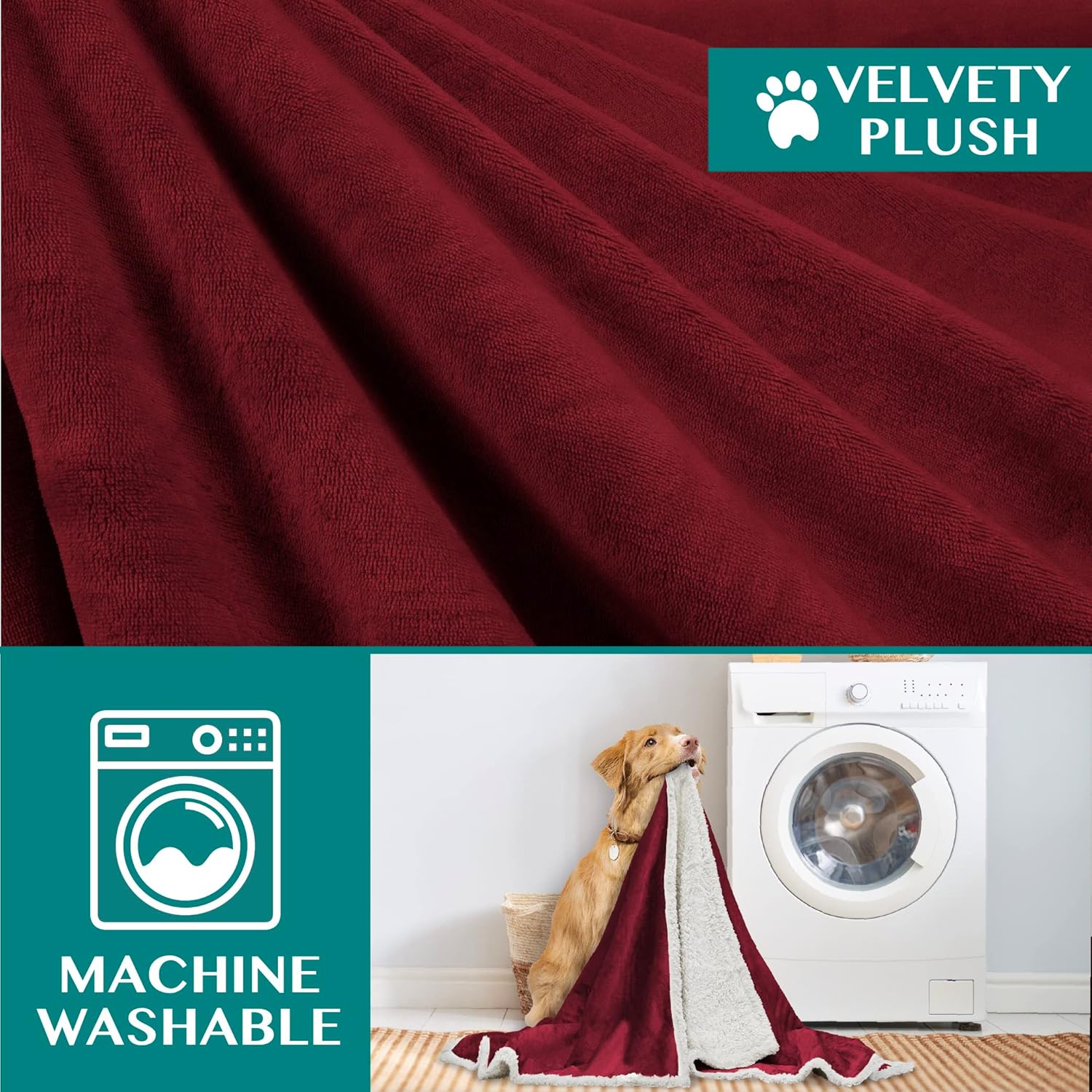 Cozy Reversible Dog Blanket for Small & Medium Pets - Soft Sherpa Fleece, Washable Couch Cover & Car Protector, 29x40 Maroon Red
