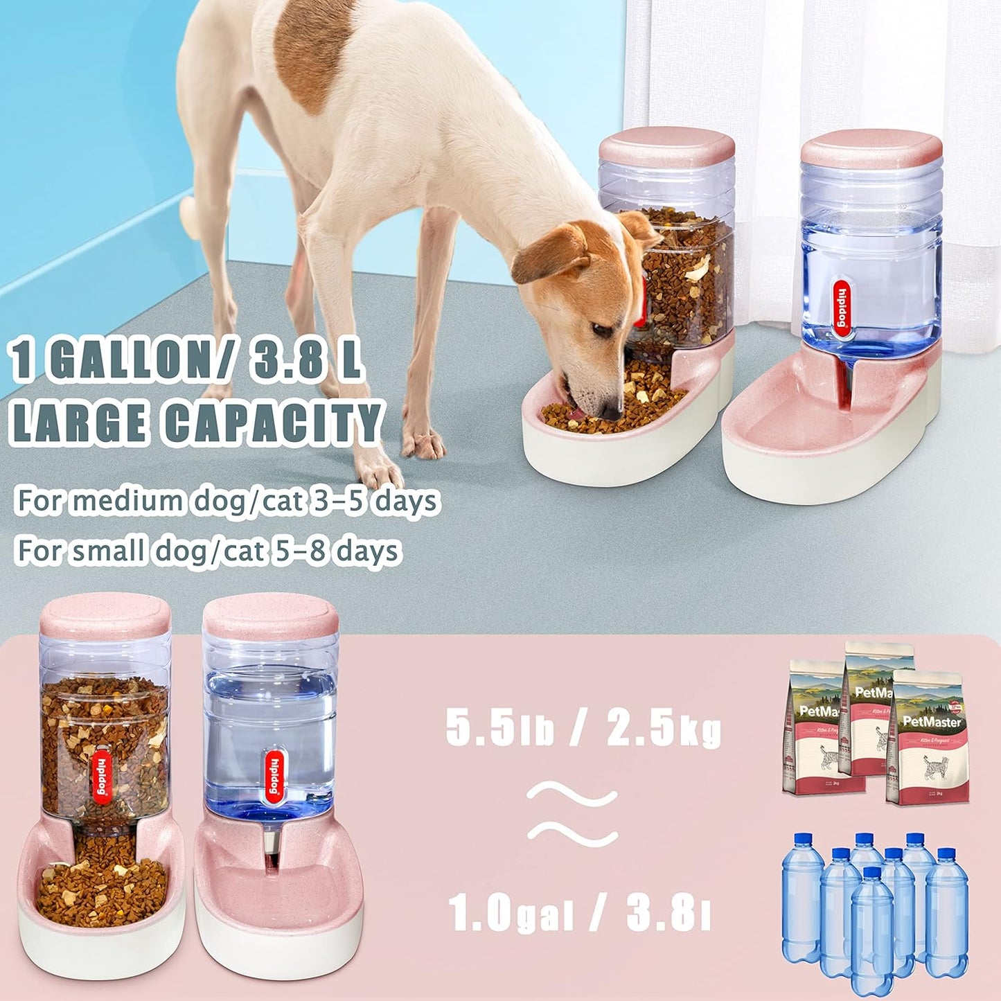 Automatic Pet Waterer and Food Feeder Set - 3.8L Capacity for Cats and Dogs - Light Pink