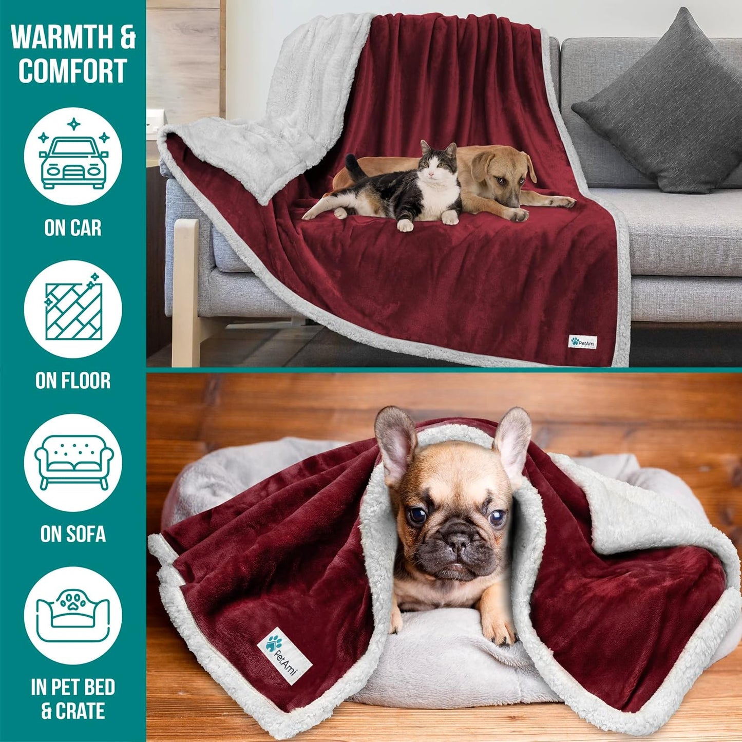 Cozy Reversible Dog Blanket for Small & Medium Pets - Soft Sherpa Fleece, Washable Couch Cover & Car Protector, 29x40 Maroon Red